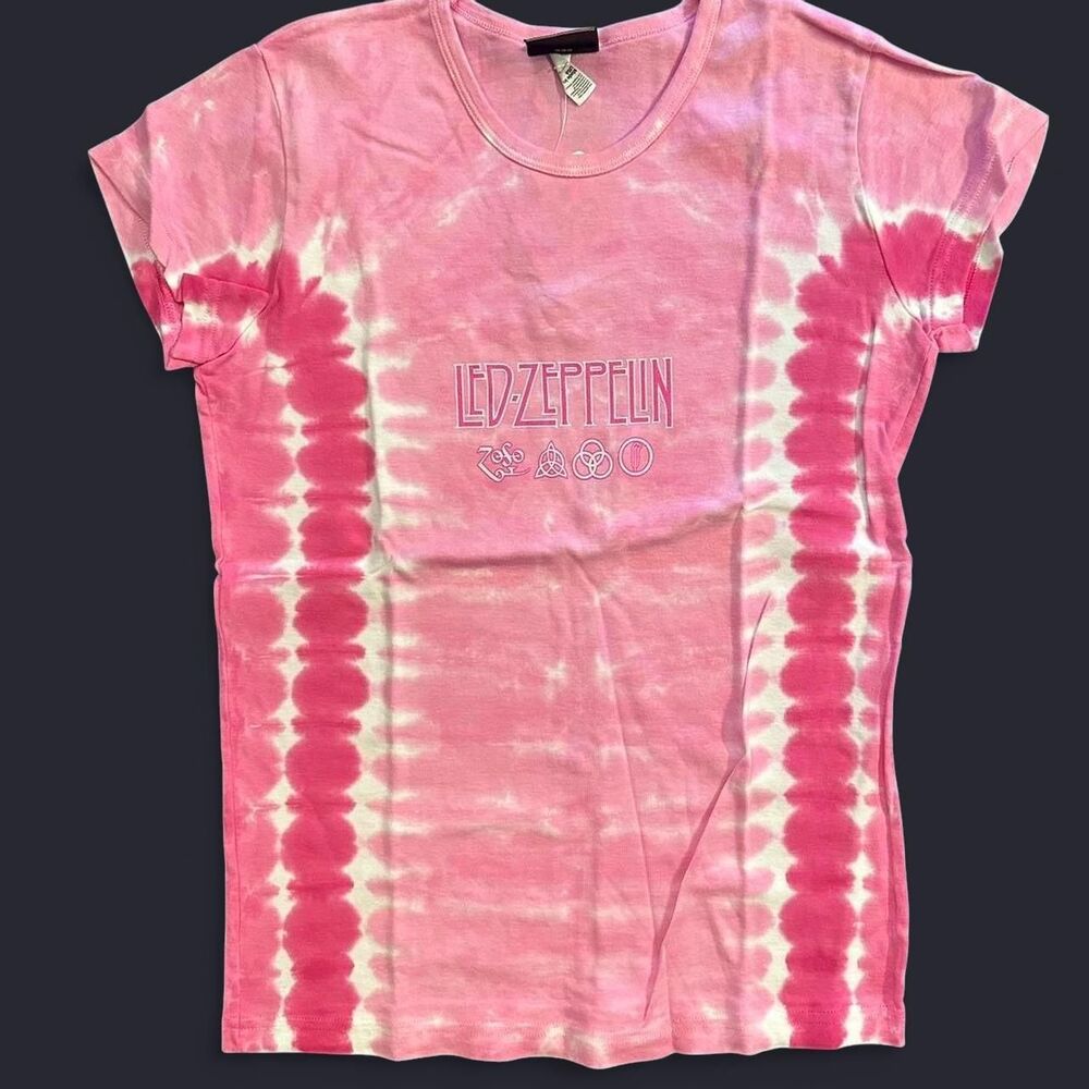 Y2K Led Zeppelin Band Baby Tee Pink White Liquid Blue XL